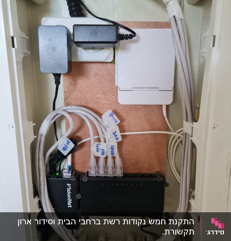 ארון תקשורת עם נתב, כבלים ומתגים